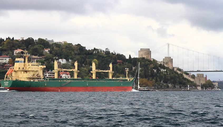 Cargo ship sailing in front of Rumeli Fortress. Some 50,000 ships pass through