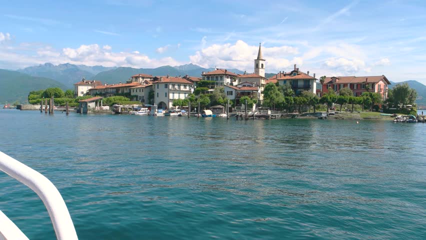 Isola Superiore in summer. Island in Italy, cloudy sky. Luxury real estate in Europe.