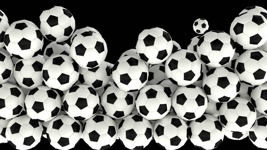 Animated a lot of simple soccer balls with plain white and black material falling and tumbling filling up container against transparent background. Front camera view.