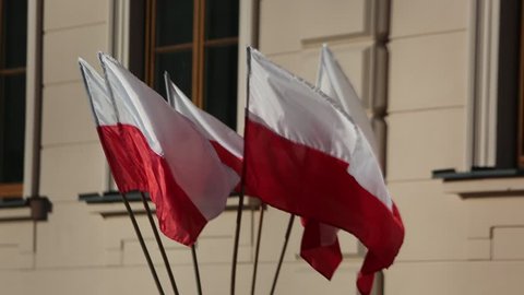 The Polish flag waving in the wind.