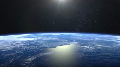 Beautiful View of Earth from space. Sunrise. Flight over the Earth. 4K. The camera moves forward. 3D Animation.