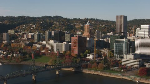 Portland, Oregon circa-2017, Aerial shot of Portland and Willamette River. Shot with Cineflex and RED Epic-W Helium.