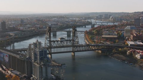 Portland, Oregon circa-2017, Aerial shot of the Steel Bridge. Shot with Cineflex and RED Epic-W Helium.