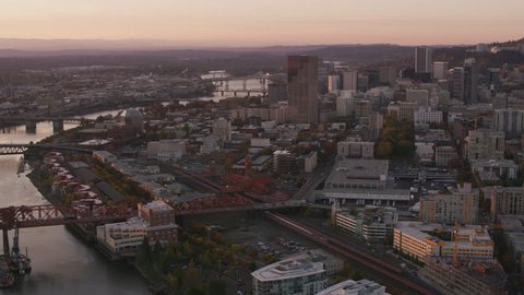 Portland, Oregon circa-2017, Aerial shot of Portland in early morning light. Shot with Cineflex and RED Epic-W Helium.