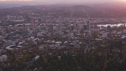 Portland, Oregon circa-2017, Aerial shot of Portland with sun rising. Shot with Cineflex and RED Epic-W Helium.