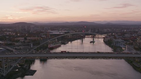 Portland, Oregon circa-2017, Aerial shot of Freemont Bridge. Shot with Cineflex and RED Epic-W Helium.