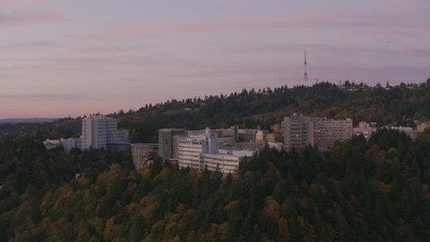 Portland, Oregon circa-2017, Aerial shot of OHSU hospital in Portland's west hills. Shot with Cineflex and RED Epic-W Helium.
