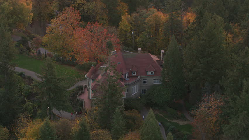 Portland, Oregon circa-2017, Aerial shot of Pittock Mansion in Fall. Shot with Cineflex and RED Epic-W Helium. Royalty-Free Stock Footage #32694640