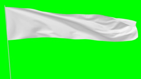 Long blank plain white flag on flagpole flying and waving in the wind, surrender flag, 3D animation with green screen