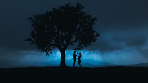The man and woman stand with an umbrella near the tree. time lapse, night time : vidéo de stock