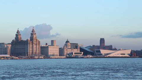 Liver Buildings and Liverpool UNESCO waterfront skyline, England