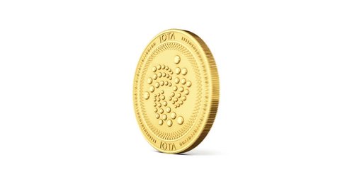 Golden IOTA coin spinning counterclockwise in perfect loop isolated on white background. 4K video. 3D rendering. 
