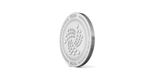 Silver IOTA coin spinning clockwise in perfect loop isolated on white background. 4K video. 3D rendering. 
