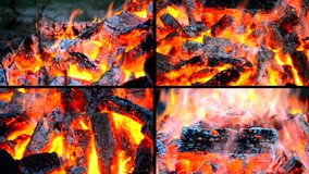 Piece burnt wood smokes and burns in fire close-up. Top burning fire, ash and flames close. Burning up black and red embers fire flame close up. Multicam split screen group video wall collage montage.