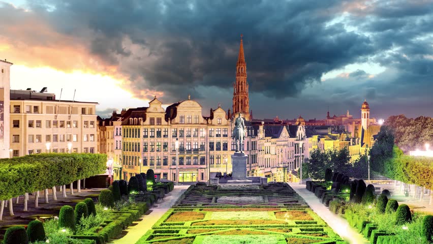 Brussels cityscape at night,  Belgium skyline, Time lapse