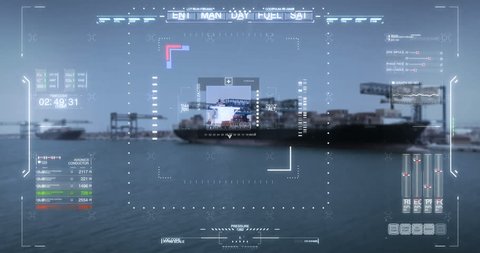 GPS location and futuristic tracking of a newly loaded cargo ship and parcel detection, thanks to advanced technology and virtual holography. Concept of: transportation, logistics, future, tracking.