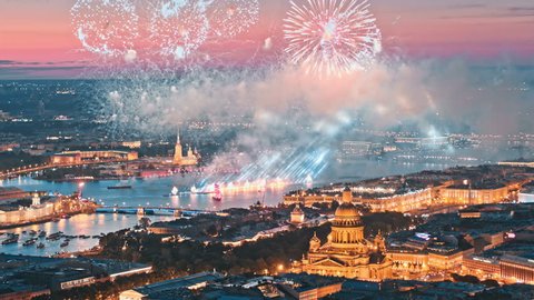 Aerial view of fireworks and cityscape at white nights in Saint Petersburg