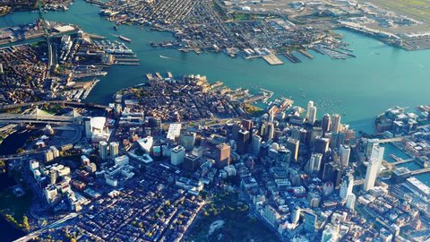 Boston, MA - CIRCA 2017 - Daytime high AERIAL view of downtown Boston, North Shore, Cambridge, & Logan