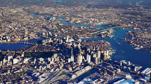 Boston, MA - CIRCA 2017 - Daytime high AERIAL view of downtown Boston, North Shore, Cambridge, & Logan