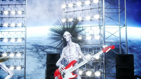 Alien rock party on space ship. Concert. Guitar, bass and drum play. Earth background. Alien funny concept. Realistic 4K animation.