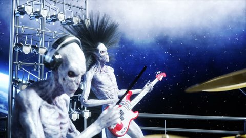 Alien rock party on space ship. Concert. Guitar, bass and drum play. Earth background. Alien funny concept. Realistic 4K animation.