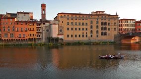 Boat excursion on Arno river, Florence, Italy, Europe. Full HD video (High Definition). Traveling concept background.