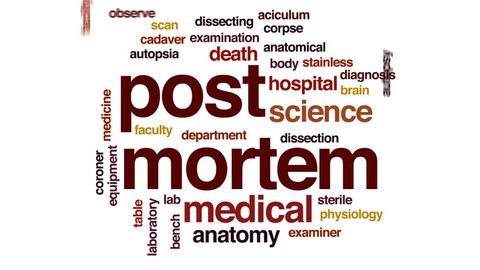 Post mortem animated word cloud, text design animation.