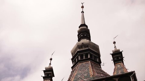 ROMANIA SIGHISOARA - AUGUST 18 2016: the tower clock with figurines of the only inhabited citadel in the world is still working and giving the precise time
