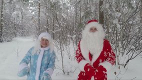 Santa and granddaughter in the snow-covered forest. Slow Motion Picture