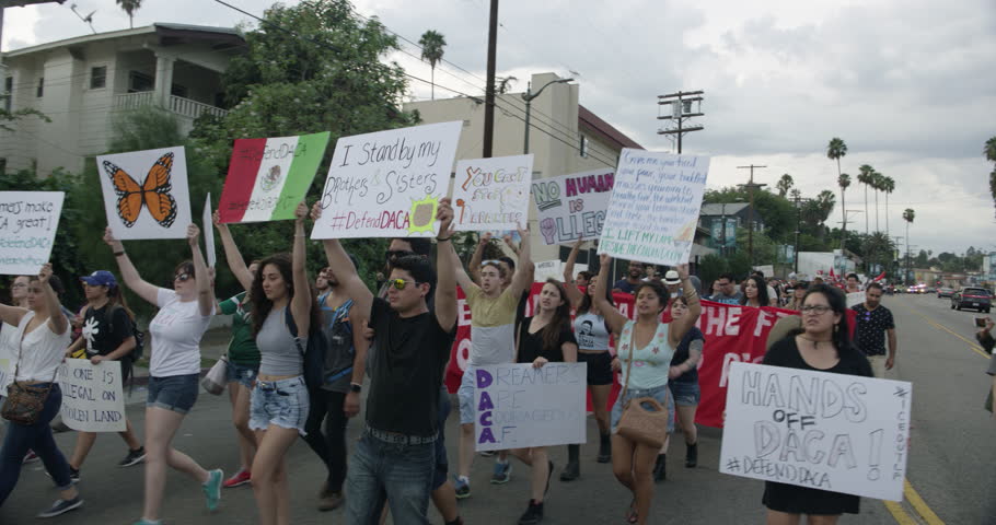 August, 2017 Los Angeles, USA:DACA supporters march from Echo Park Lake to Olvera in downtown Los Angeles, California.