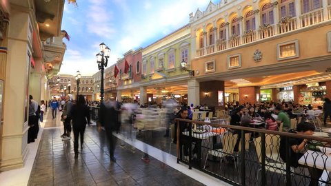 Macau, China - December 9, 2016: scenic architecture in time lapse of the luxurious shopping outlet mall in Venice style in The Venetian Hotel e Casino. Macau in Cotai Strip.