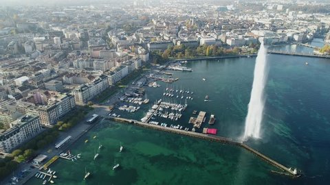 Aerial view of The Geneva Water Fountain (Jet d'Eau) in Geneva Lake, Switzerland. 