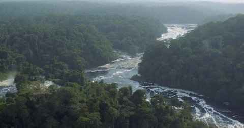 Aerial vertical intersection rivers in the equatorial deep forest in Africa Gabon 2015