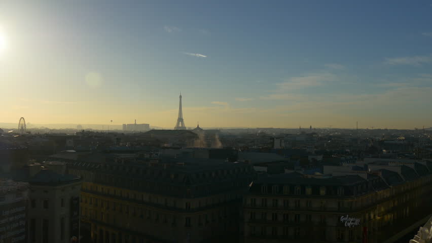 sunset paris city famous galeries lafayette rooftop cityscape panorama 4k france