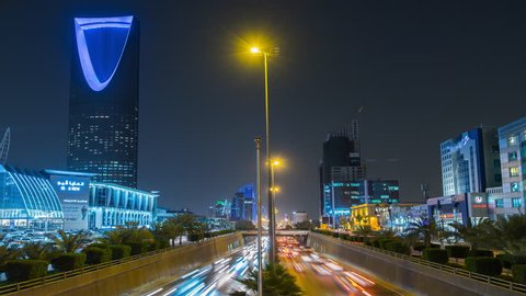 Riyadh, Saudi Arabia. April, 5, 2017.
View of Kingdom Tower and night traffic from King Fahd Rd.