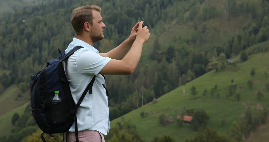 Athletic Cute Young Man Taking Photo Mobile Phone Love Panorama Scenery Mountain