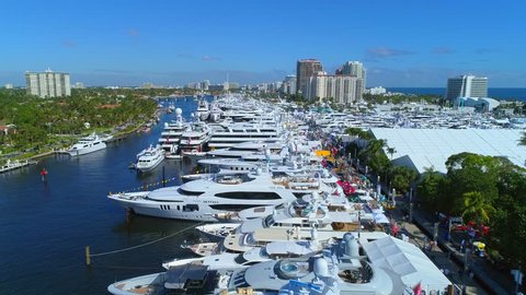 FORT LAUDERDALE, FL, USA - NOVEMBER 4, 2017: Aerial drone video flying over luxury yachts 4k 60p