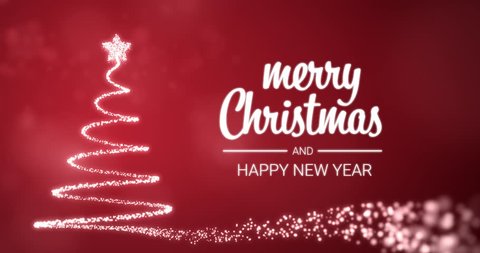 sparkling lights xmas tree Merry Christmas and Happy New Year greeting message in english on red background,snow flakes.Elegant animated holiday season social post digital card 4k video