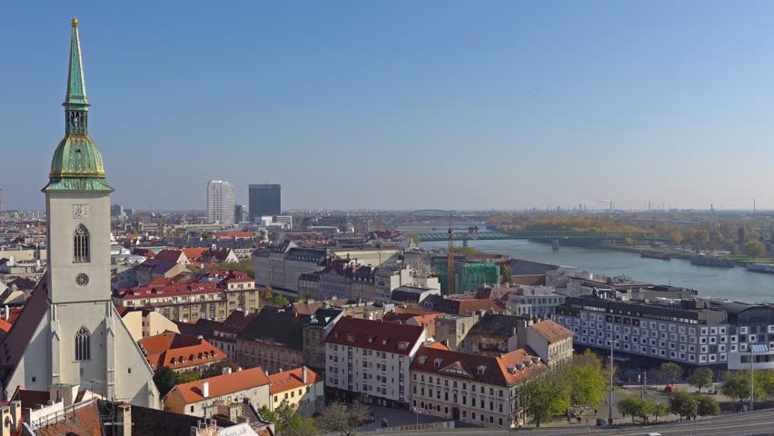 The historical center of Bratislava. Bratislava is occupying both banks of the River Danube and River Morava. Bratislava borders two states, Austria and Hungary.
