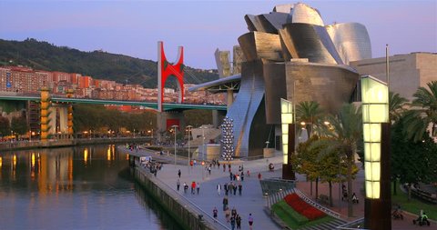 BILBAO, BASQUE COUNTRY, SPAIN - SEPTEMBER 26, 2017: Night view of the Guggenheim Museum Bilbao
