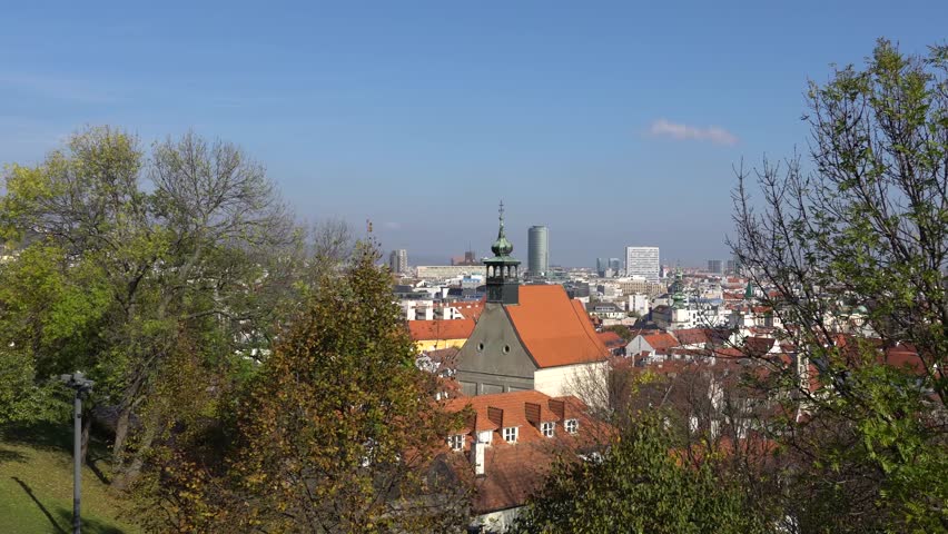 Panorama of Bratislava with the Danube and the Castle building, Slovakia. Aerial view of Bratislava, Slovakia. Time-lapse.