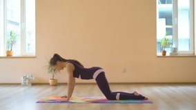 A professional yoga instructor demonstrates a set of healing efforts to strengthen the muscles of the back. Multiseries video. Young attractive brunette girl is engaged in a bright hall 