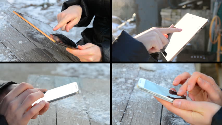 Person girl working on the tablet sitting at a wooden table close-up on the street outdoors on a winter day. Caucasian. Multicam split screen group video wall collage montage seamless loop. Royalty-Free Stock Footage #32798380