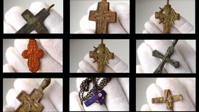 Archaeological find Christian pectoral cross close-up in hands with white gloves. Crucifix archaeological find. Multicam split screen group video wall collage montage seamless loop.