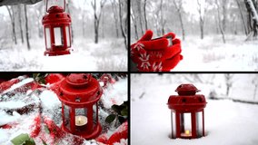 4 in 1. Girl holding red candle lantern in the winter forest. Snow forest snowfall. Christmas Winter New Year Background Scenery. Candle in lantern snow. Multicam split screen group collage montage. - Powered by Shutterstock - Get 15% off with code: PIKWIZARD15