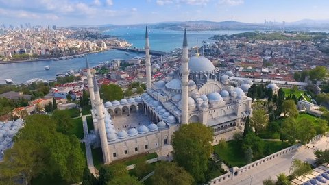 Mystique Suleymaniye Mosque from the sky, aerial view of Istanbul city, Golden Horn, Turkey.