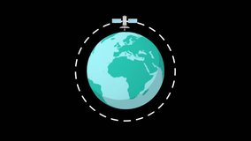 Alpha channel render globe .Flat spinning Earth with communication network and satellites.Cartoon globe animation seamless loop full hd clip
