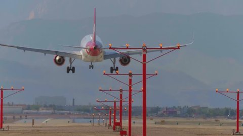 Landing airplane at McCarran Airport in Las Vegas - close up shot - LAS VEGAS / NEVADA - OCTOBER 12, 2017