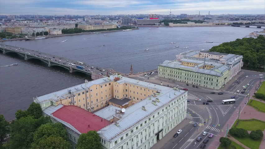 cloudy sunset saint petersburg cityscape neva river aerial panorama 4k russia