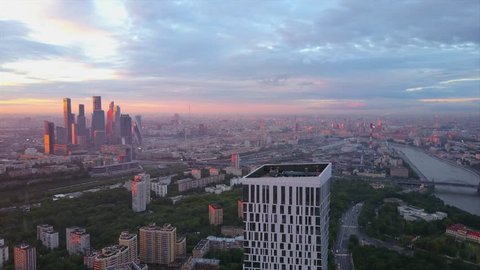 sunset time moscow city modern block cityscape aerial panorama 4k russia